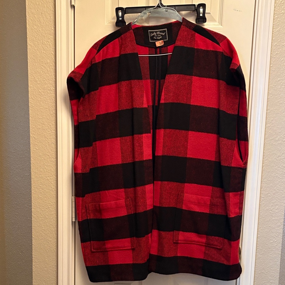 Red and Black Plaid Open Front Cardigan
